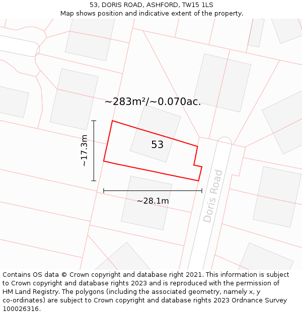 53, DORIS ROAD, ASHFORD, TW15 1LS: Plot and title map