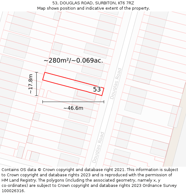 53, DOUGLAS ROAD, SURBITON, KT6 7RZ: Plot and title map