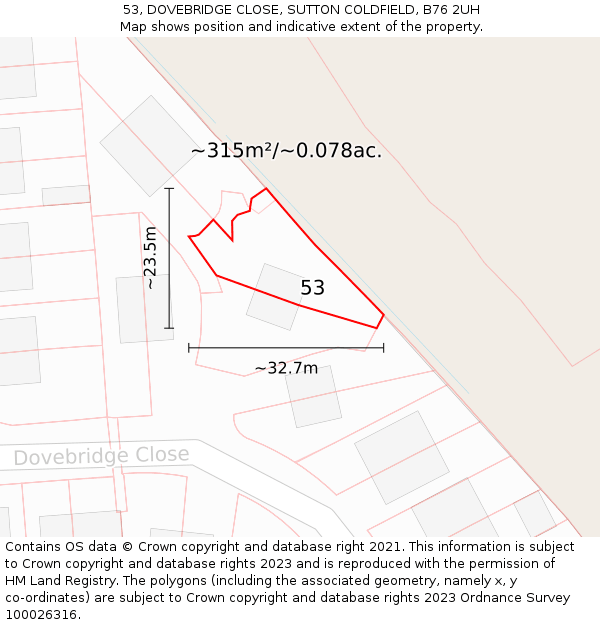 53, DOVEBRIDGE CLOSE, SUTTON COLDFIELD, B76 2UH: Plot and title map