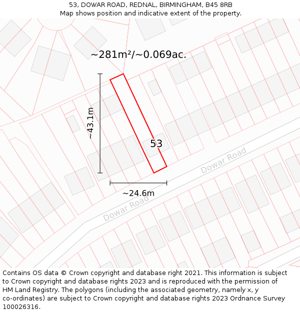 53, DOWAR ROAD, REDNAL, BIRMINGHAM, B45 8RB: Plot and title map