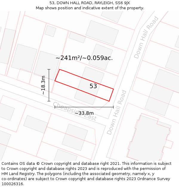 53, DOWN HALL ROAD, RAYLEIGH, SS6 9JX: Plot and title map