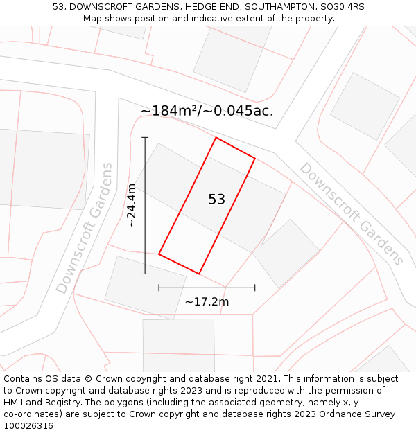 53, DOWNSCROFT GARDENS, HEDGE END, SOUTHAMPTON, SO30 4RS: Plot and title map