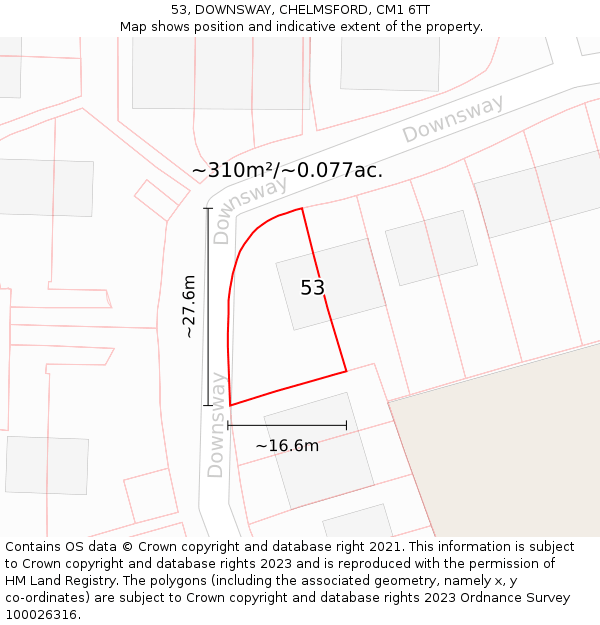 53, DOWNSWAY, CHELMSFORD, CM1 6TT: Plot and title map