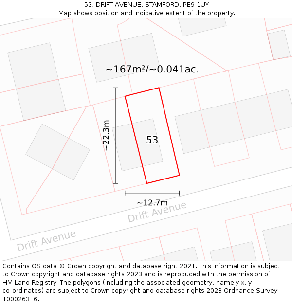 53, DRIFT AVENUE, STAMFORD, PE9 1UY: Plot and title map
