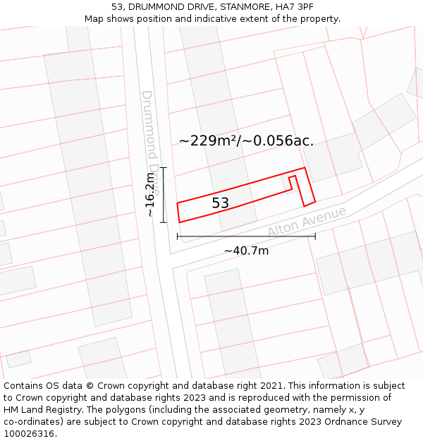 53, DRUMMOND DRIVE, STANMORE, HA7 3PF: Plot and title map