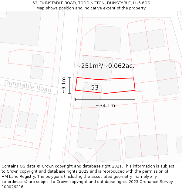 53, DUNSTABLE ROAD, TODDINGTON, DUNSTABLE, LU5 6DS: Plot and title map