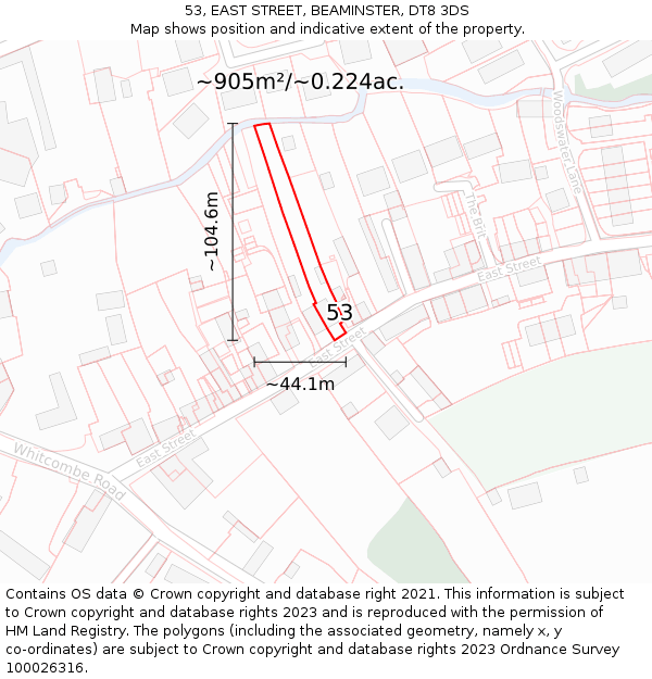 53, EAST STREET, BEAMINSTER, DT8 3DS: Plot and title map