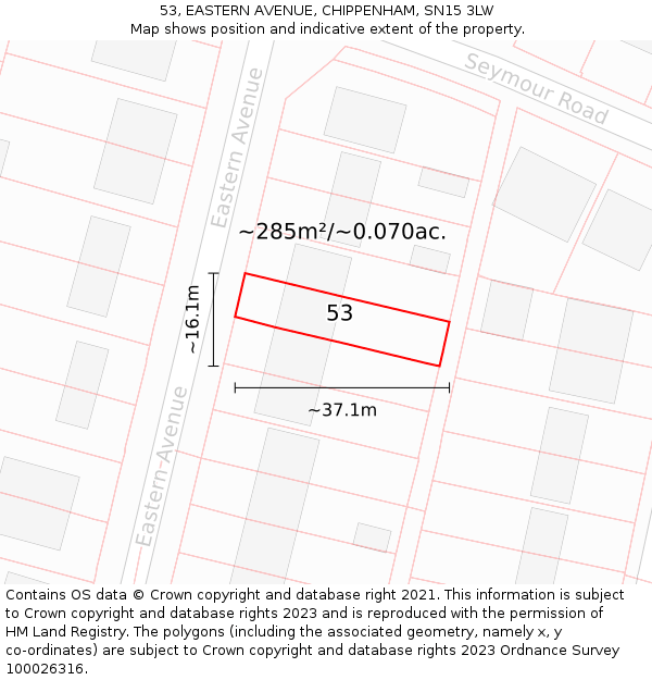 53, EASTERN AVENUE, CHIPPENHAM, SN15 3LW: Plot and title map