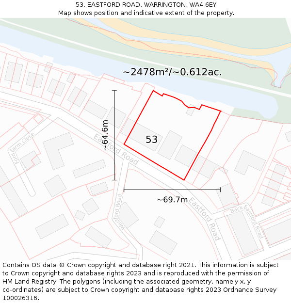53, EASTFORD ROAD, WARRINGTON, WA4 6EY: Plot and title map