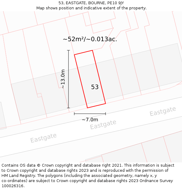 53, EASTGATE, BOURNE, PE10 9JY: Plot and title map