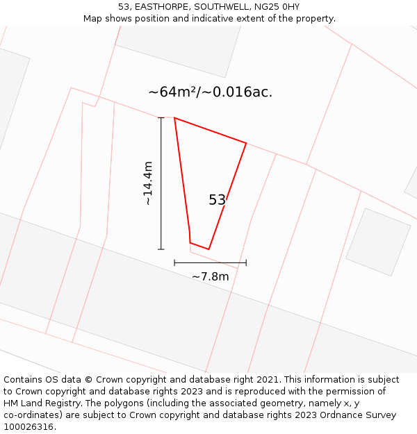 53, EASTHORPE, SOUTHWELL, NG25 0HY: Plot and title map