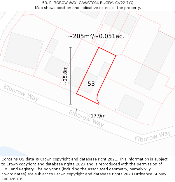 53, ELBOROW WAY, CAWSTON, RUGBY, CV22 7YQ: Plot and title map