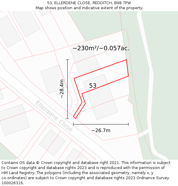 53, ELLERDENE CLOSE, REDDITCH, B98 7PW: Plot and title map