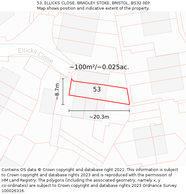 53, ELLICKS CLOSE, BRADLEY STOKE, BRISTOL, BS32 0EP: Plot and title map