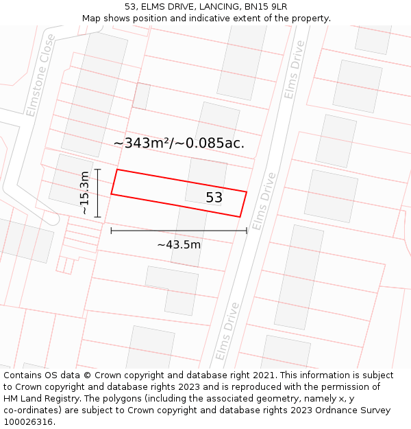 53, ELMS DRIVE, LANCING, BN15 9LR: Plot and title map