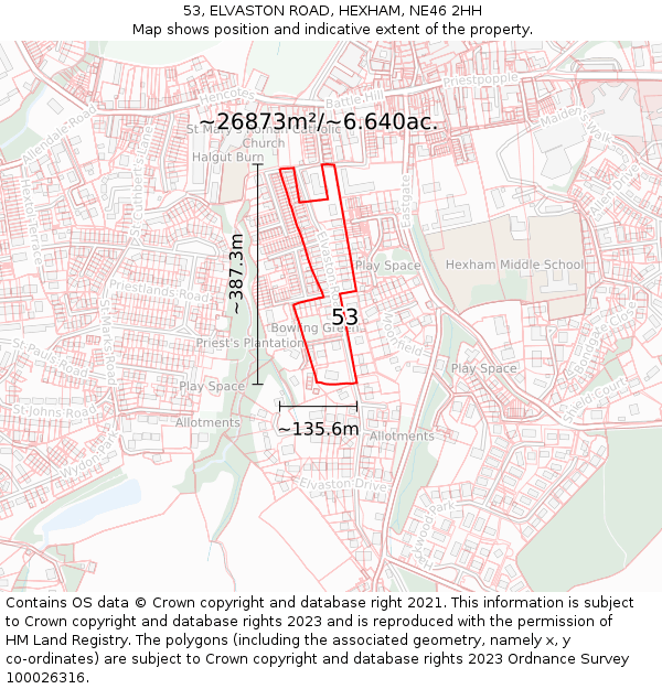 53, ELVASTON ROAD, HEXHAM, NE46 2HH: Plot and title map