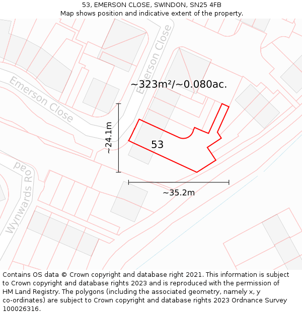 53, EMERSON CLOSE, SWINDON, SN25 4FB: Plot and title map