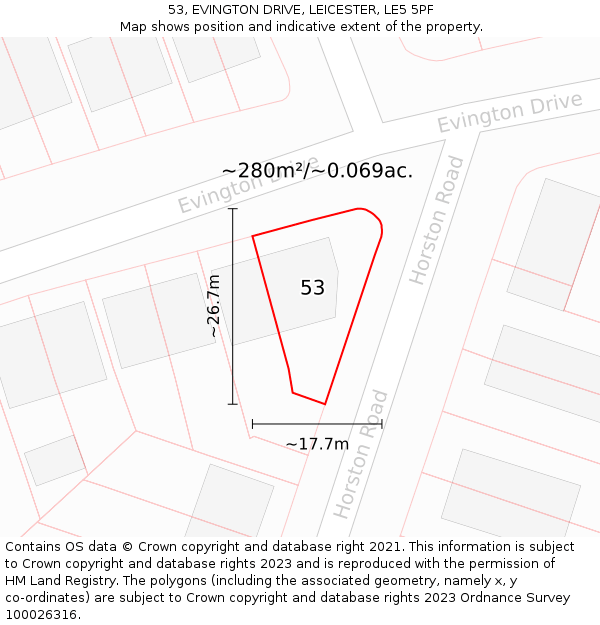 53, EVINGTON DRIVE, LEICESTER, LE5 5PF: Plot and title map