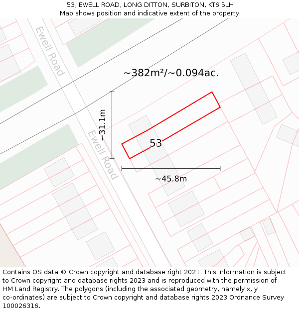53, EWELL ROAD, LONG DITTON, SURBITON, KT6 5LH: Plot and title map