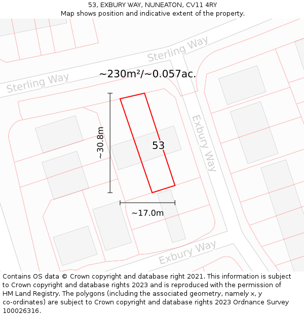 53, EXBURY WAY, NUNEATON, CV11 4RY: Plot and title map