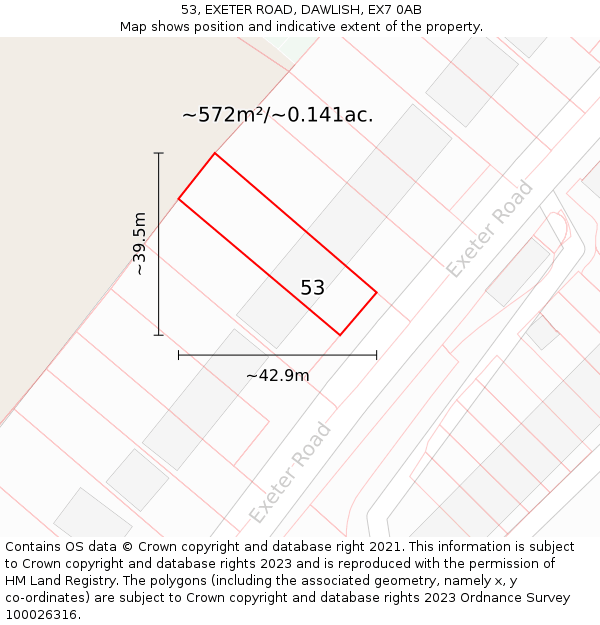 53, EXETER ROAD, DAWLISH, EX7 0AB: Plot and title map