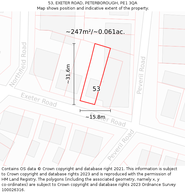 53, EXETER ROAD, PETERBOROUGH, PE1 3QA: Plot and title map