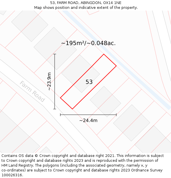 53, FARM ROAD, ABINGDON, OX14 1NE: Plot and title map