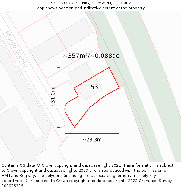 53, FFORDD BRENIG, ST ASAPH, LL17 0EZ: Plot and title map