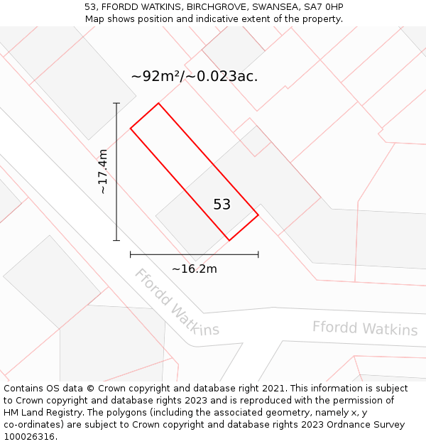 53, FFORDD WATKINS, BIRCHGROVE, SWANSEA, SA7 0HP: Plot and title map