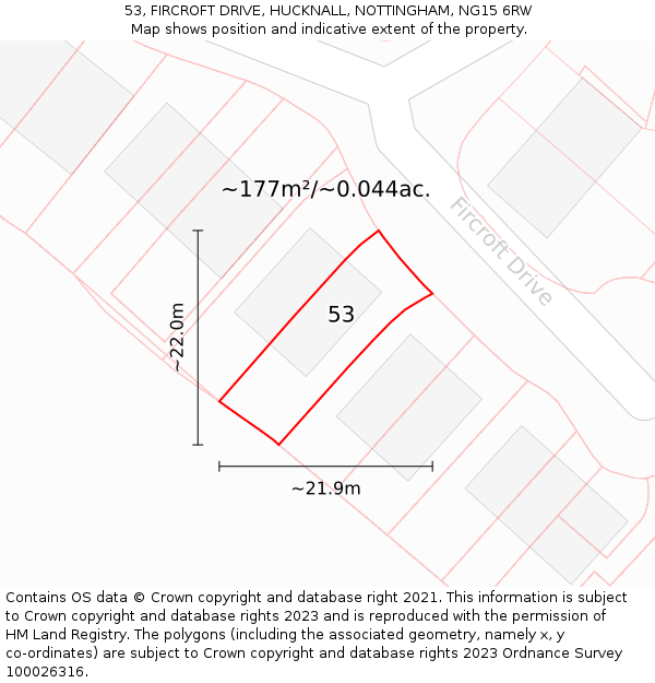 53, FIRCROFT DRIVE, HUCKNALL, NOTTINGHAM, NG15 6RW: Plot and title map