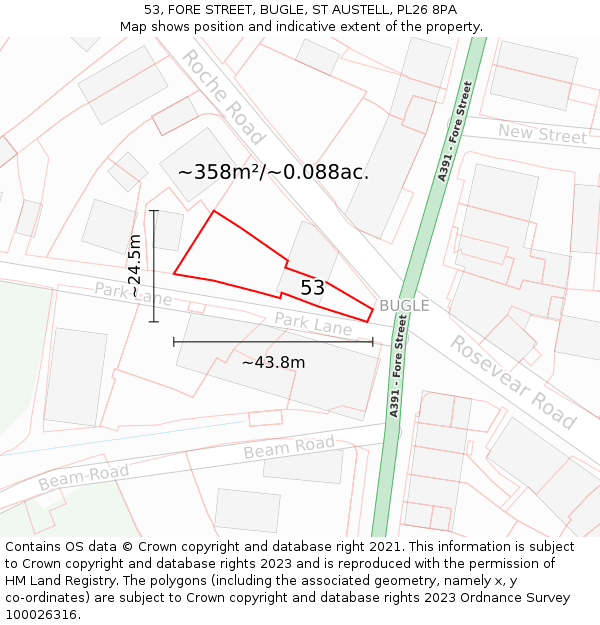 53, FORE STREET, BUGLE, ST AUSTELL, PL26 8PA: Plot and title map