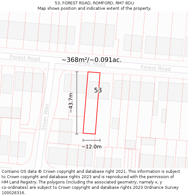 53, FOREST ROAD, ROMFORD, RM7 8DU: Plot and title map