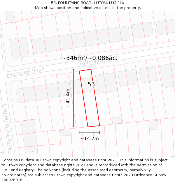 53, FOUNTAINS ROAD, LUTON, LU3 1LX: Plot and title map
