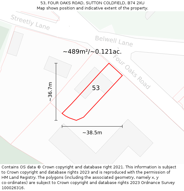 53, FOUR OAKS ROAD, SUTTON COLDFIELD, B74 2XU: Plot and title map