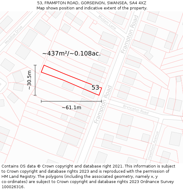 53, FRAMPTON ROAD, GORSEINON, SWANSEA, SA4 4XZ: Plot and title map