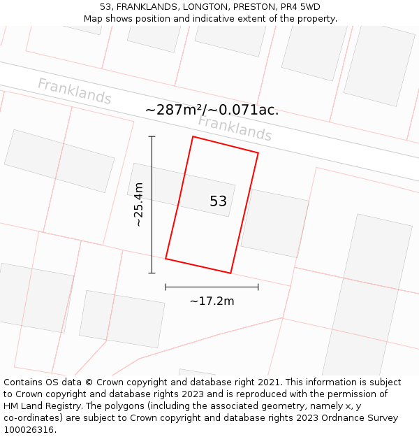 53, FRANKLANDS, LONGTON, PRESTON, PR4 5WD: Plot and title map