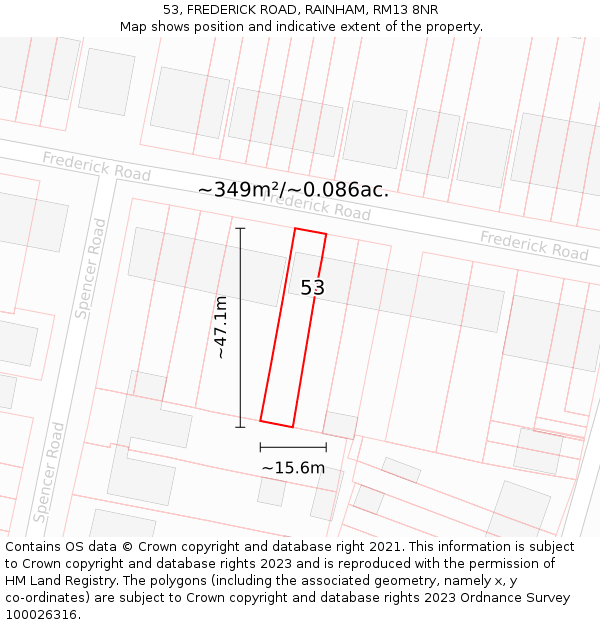 53, FREDERICK ROAD, RAINHAM, RM13 8NR: Plot and title map