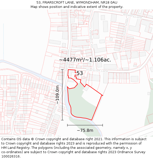 53, FRIARSCROFT LANE, WYMONDHAM, NR18 0AU: Plot and title map