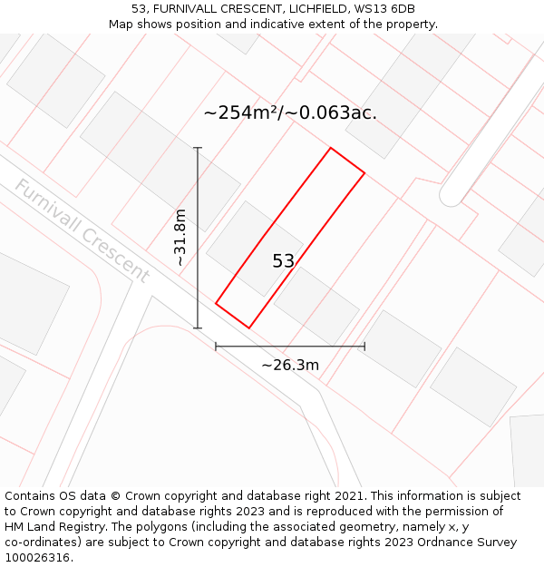 53, FURNIVALL CRESCENT, LICHFIELD, WS13 6DB: Plot and title map
