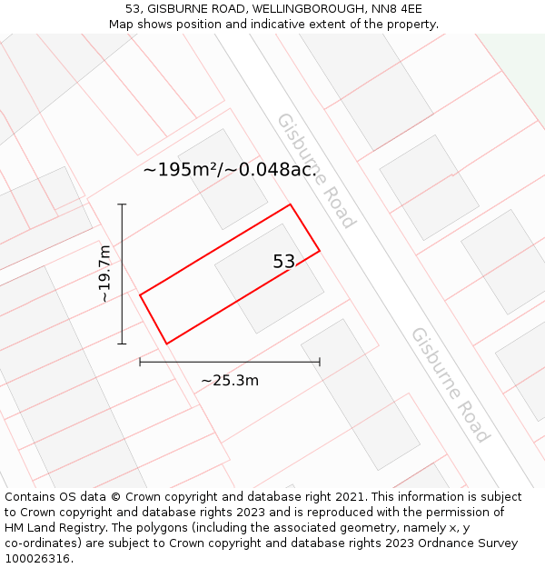 53, GISBURNE ROAD, WELLINGBOROUGH, NN8 4EE: Plot and title map