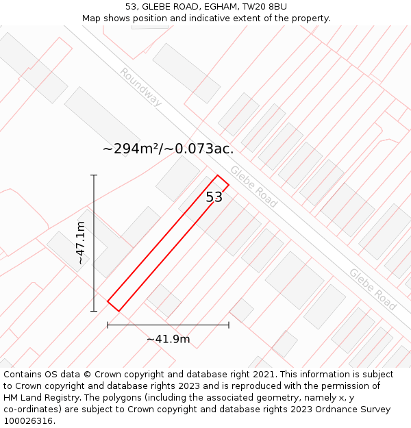 53, GLEBE ROAD, EGHAM, TW20 8BU: Plot and title map