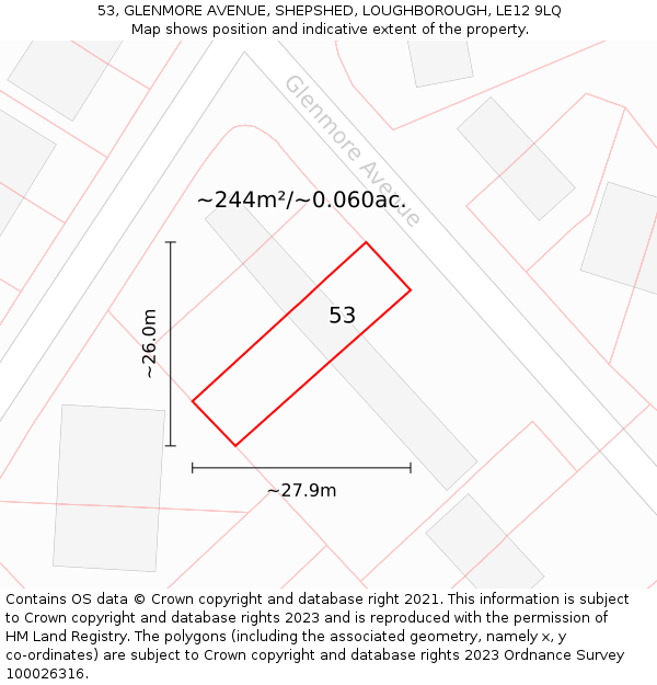 53, GLENMORE AVENUE, SHEPSHED, LOUGHBOROUGH, LE12 9LQ: Plot and title map