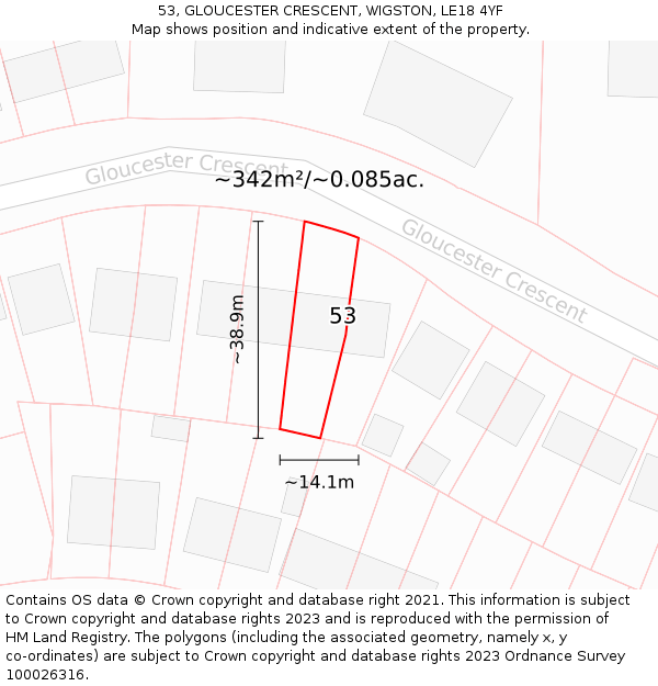 53, GLOUCESTER CRESCENT, WIGSTON, LE18 4YF: Plot and title map