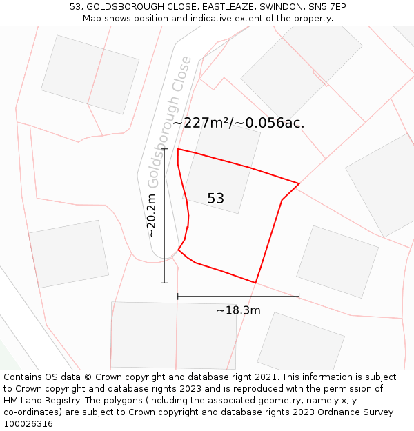 53, GOLDSBOROUGH CLOSE, EASTLEAZE, SWINDON, SN5 7EP: Plot and title map