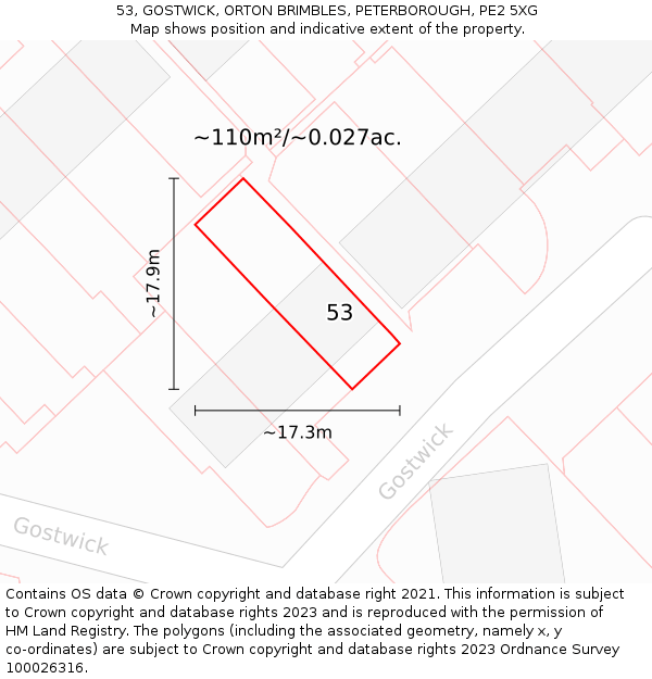 53, GOSTWICK, ORTON BRIMBLES, PETERBOROUGH, PE2 5XG: Plot and title map