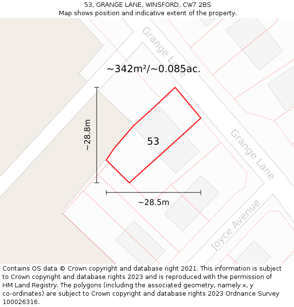 53, GRANGE LANE, WINSFORD, CW7 2BS: Plot and title map