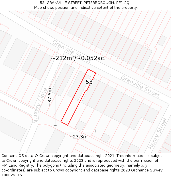 53, GRANVILLE STREET, PETERBOROUGH, PE1 2QL: Plot and title map