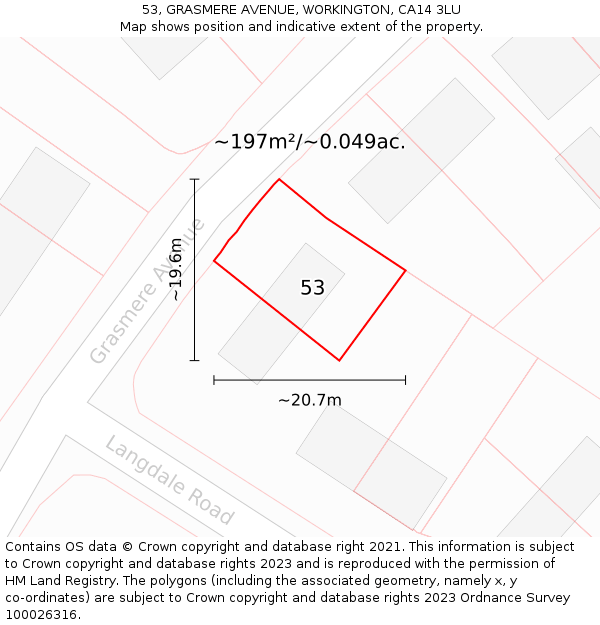 53, GRASMERE AVENUE, WORKINGTON, CA14 3LU: Plot and title map