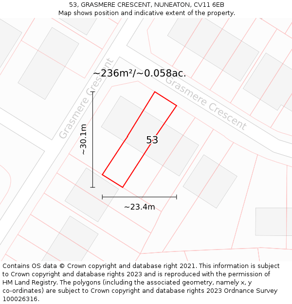 53, GRASMERE CRESCENT, NUNEATON, CV11 6EB: Plot and title map