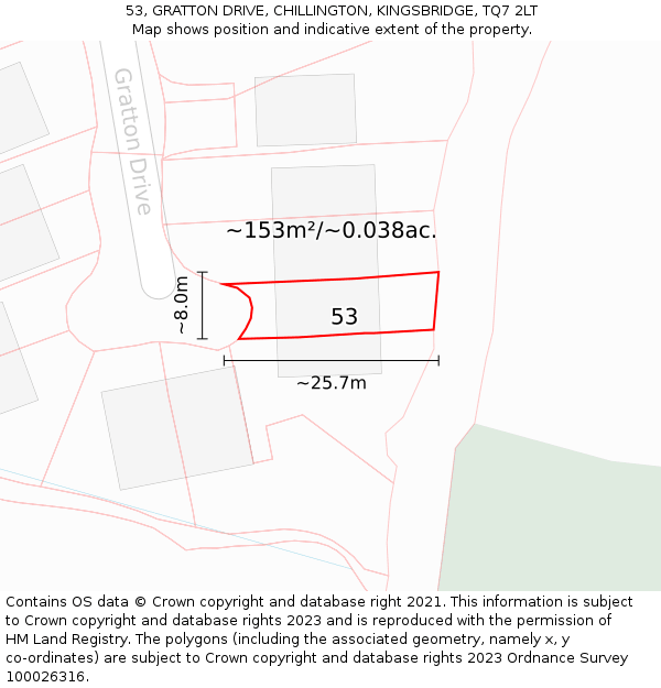 53, GRATTON DRIVE, CHILLINGTON, KINGSBRIDGE, TQ7 2LT: Plot and title map